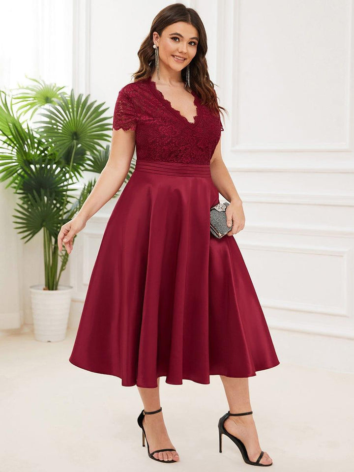 pretty HARLEY|Plus Size Lace Cap Sleeve V neck Midi Formal Dress