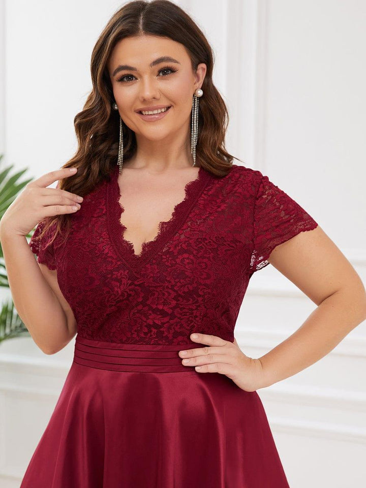 pretty HARLEY|Plus Size Lace Cap Sleeve V neck Midi Formal Dress