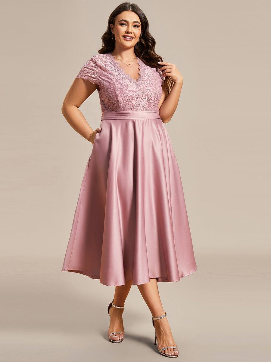 pretty HARLEY|Plus Size Lace Cap Sleeve V neck Midi Formal Dress