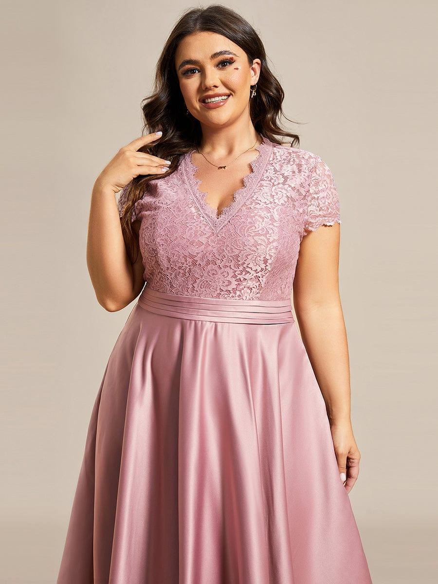 pretty HARLEY|Plus Size Lace Cap Sleeve V neck Midi Formal Dress