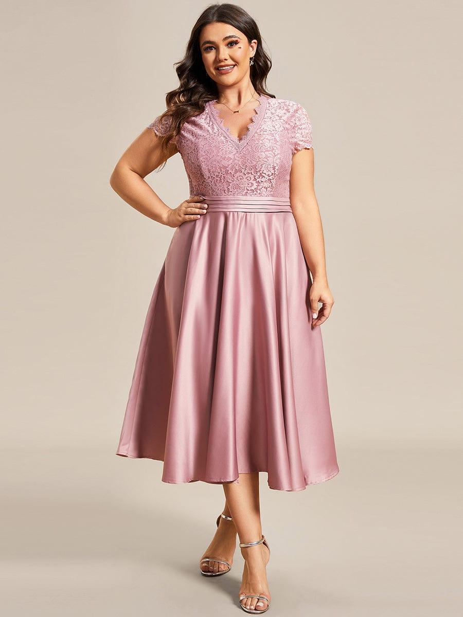 pretty HARLEY|Plus Size Lace Cap Sleeve V neck Midi Formal Dress