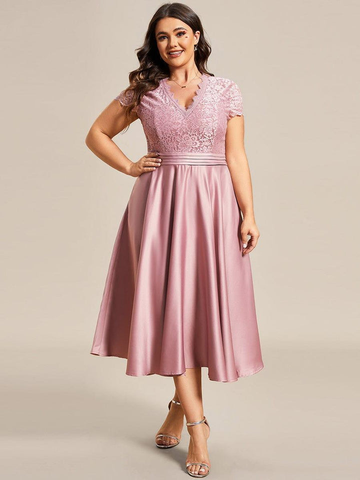 pretty HARLEY|Plus Size Lace Cap Sleeve V neck Midi Formal Dress