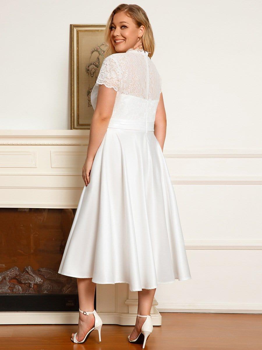 pretty HARLEY|Plus Size Lace Cap Sleeve V neck Midi Formal Dress