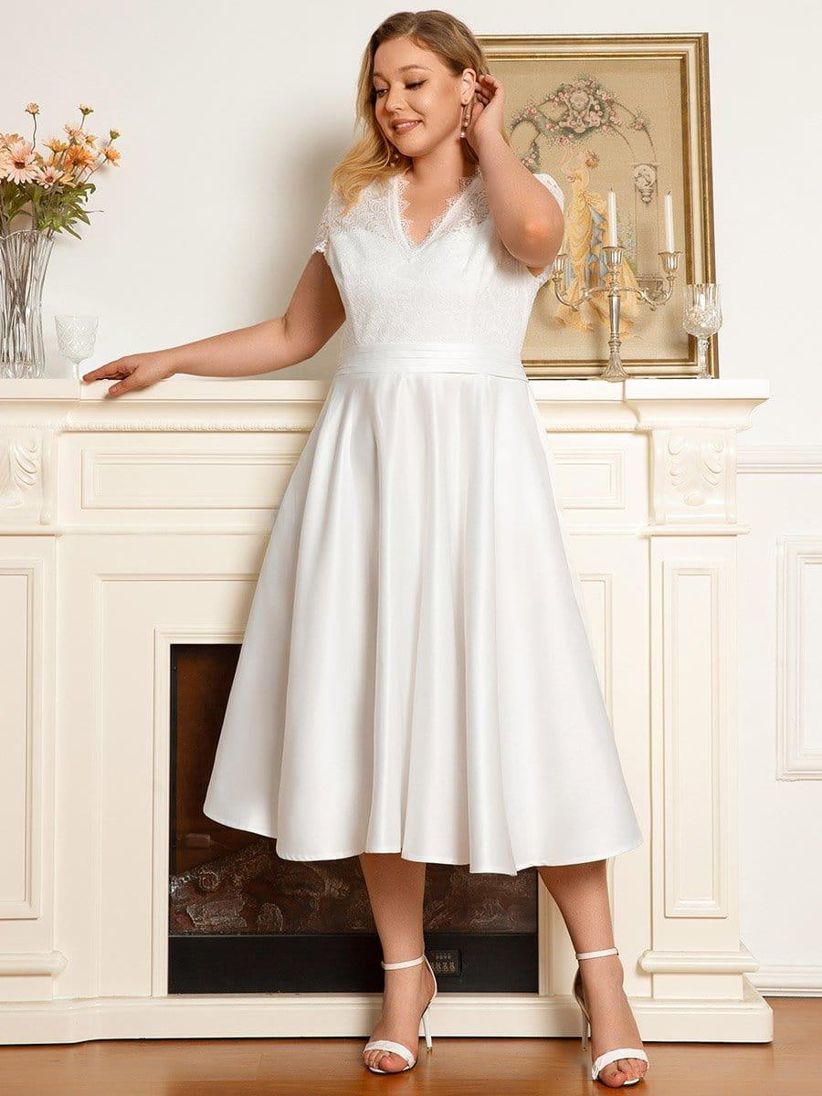 pretty HARLEY|Plus Size Lace Cap Sleeve V neck Midi Formal Dress