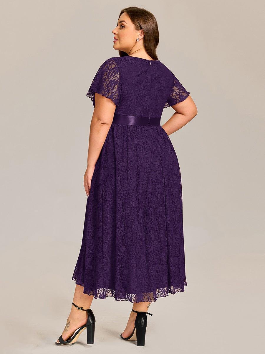 pretty SEVYN|Plus Size Short Sleeve Ruffled Lace Midi Weeding Guest Dress