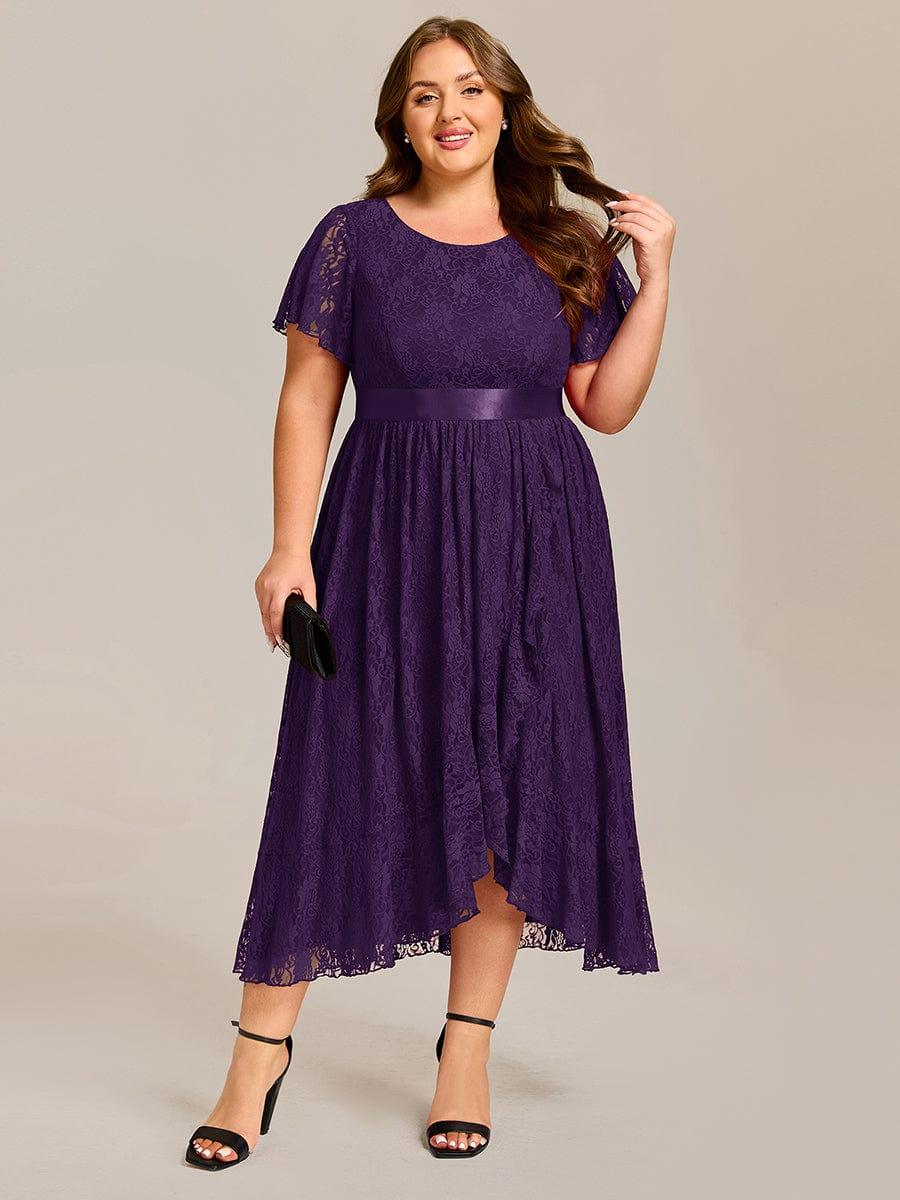 pretty SEVYN|Plus Size Short Sleeve Ruffled Lace Midi Weeding Guest Dress