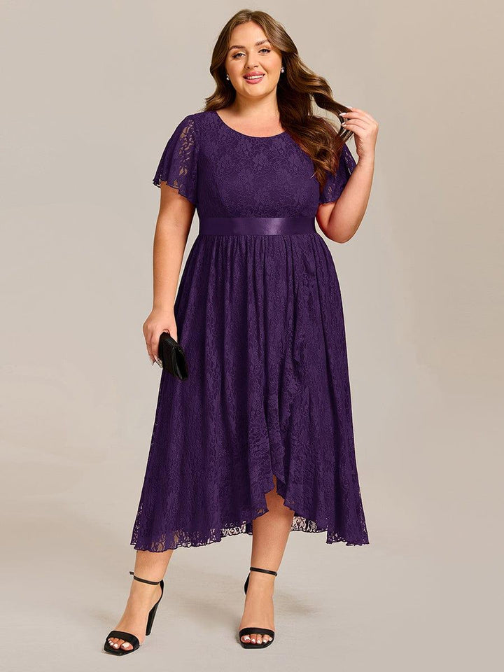 pretty SEVYN|Plus Size Short Sleeve Ruffled Lace Midi Weeding Guest Dress