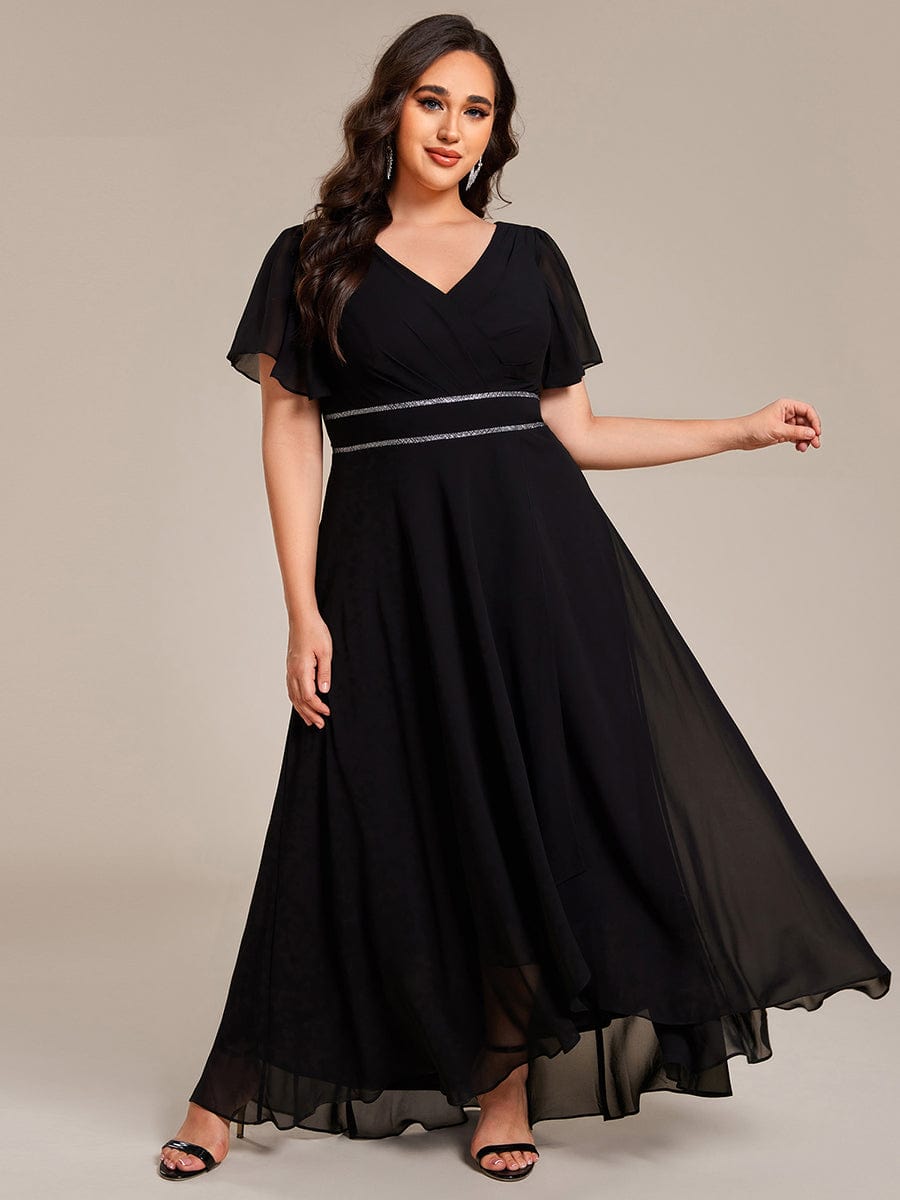 ever DAKOTA|Plus Size Chiffon Ruffle Sleeves Rhinestone Waist High-Low Wedding Guest Dress