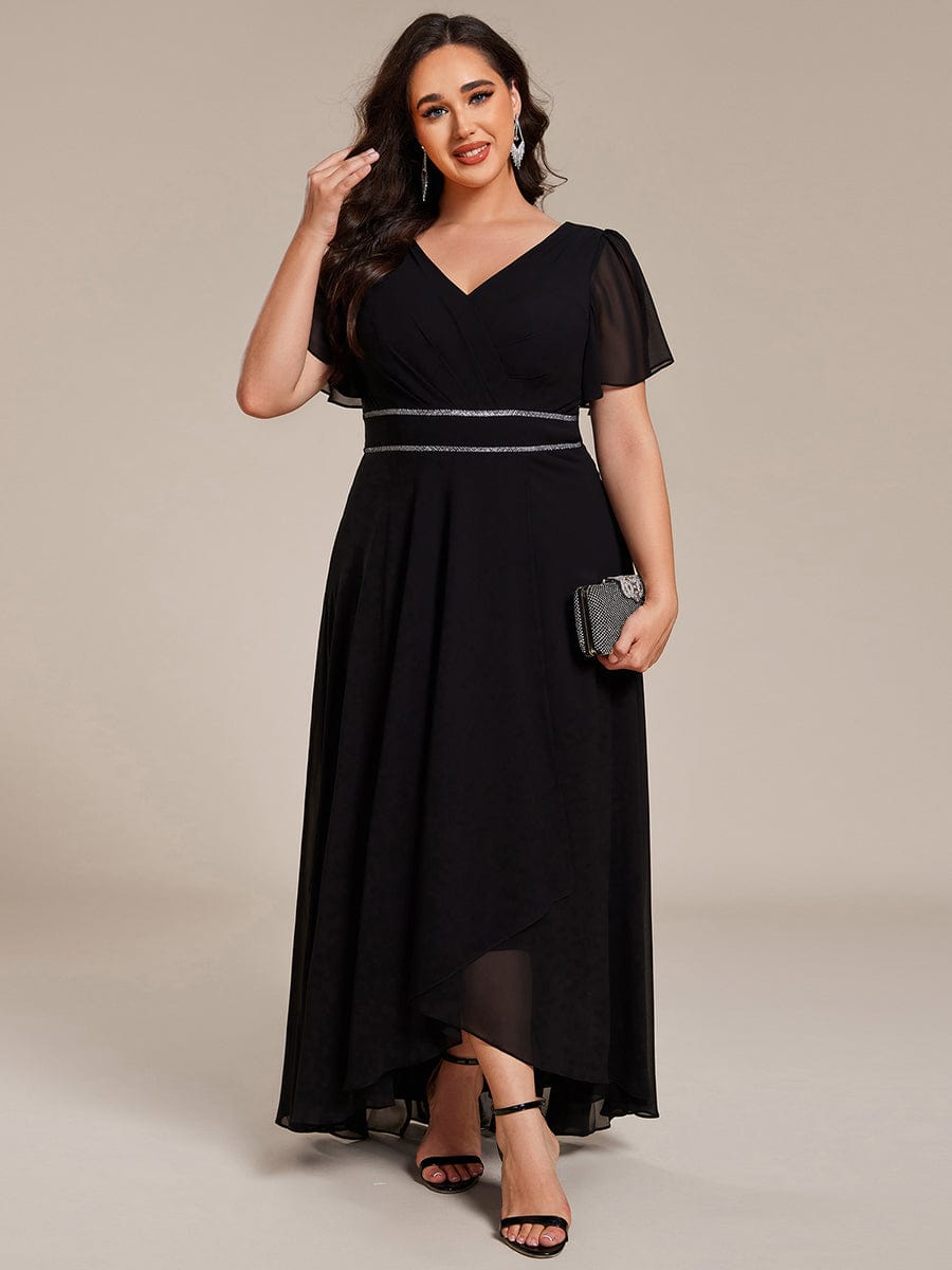 ever DAKOTA|Plus Size Chiffon Ruffle Sleeves Rhinestone Waist High-Low Wedding Guest Dress
