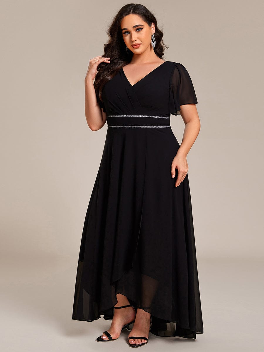 ever DAKOTA|Plus Size Chiffon Ruffle Sleeves Rhinestone Waist High-Low Wedding Guest Dress