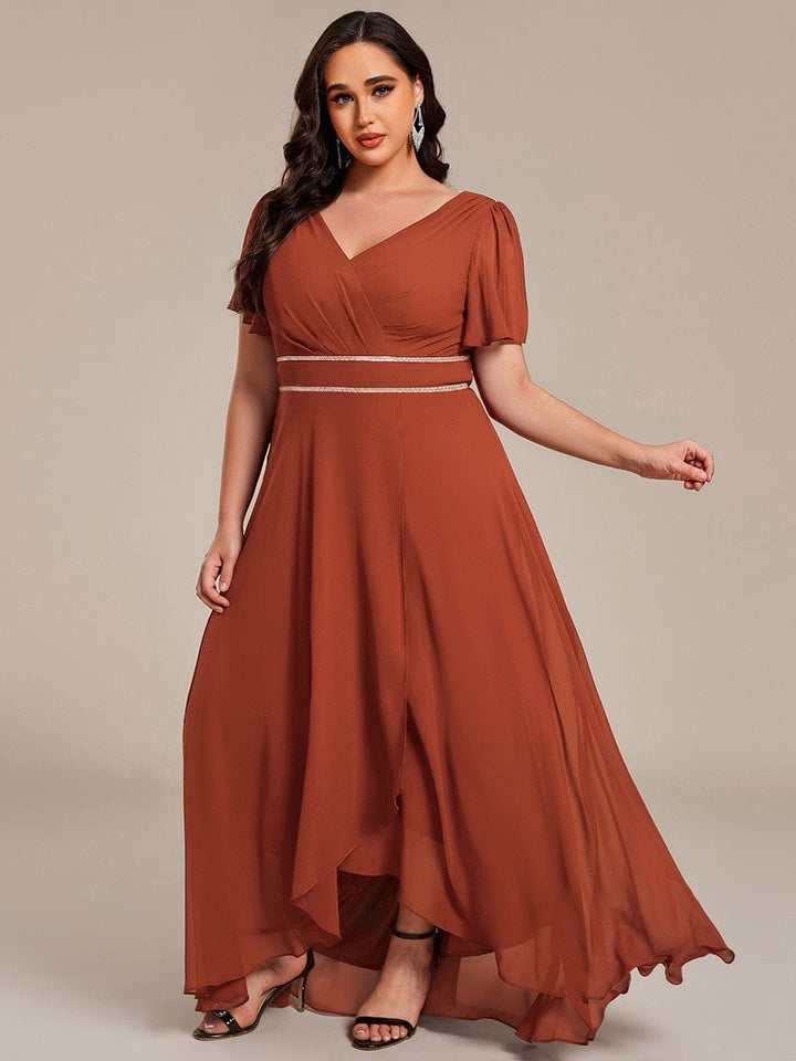 ever DAKOTA|Plus Size Chiffon Ruffle Sleeves Rhinestone Waist High-Low Wedding Guest Dress