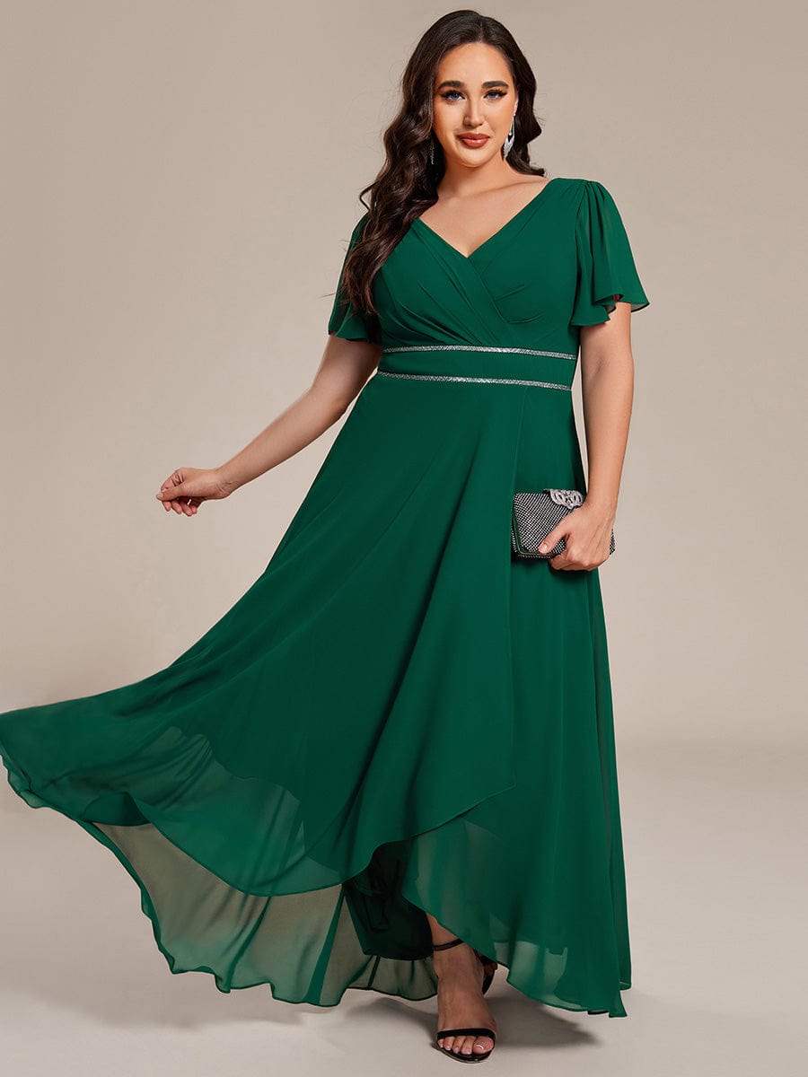 ever DAKOTA|Plus Size Chiffon Ruffle Sleeves Rhinestone Waist High-Low Wedding Guest Dress