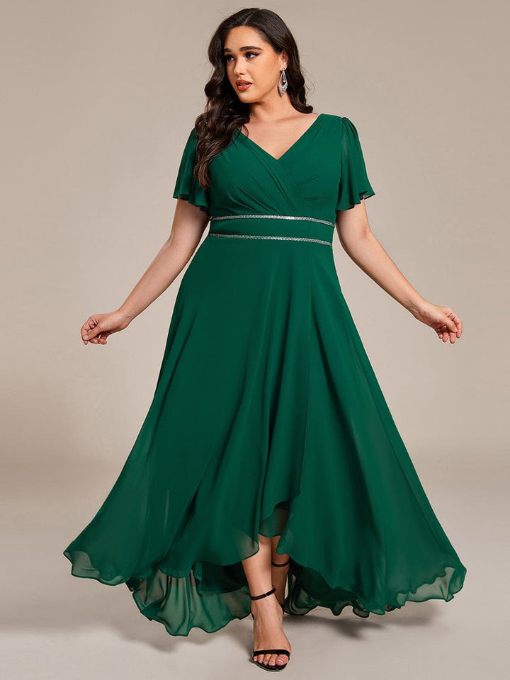 ever DAKOTA|Plus Size Chiffon Ruffle Sleeves Rhinestone Waist High-Low Wedding Guest Dress