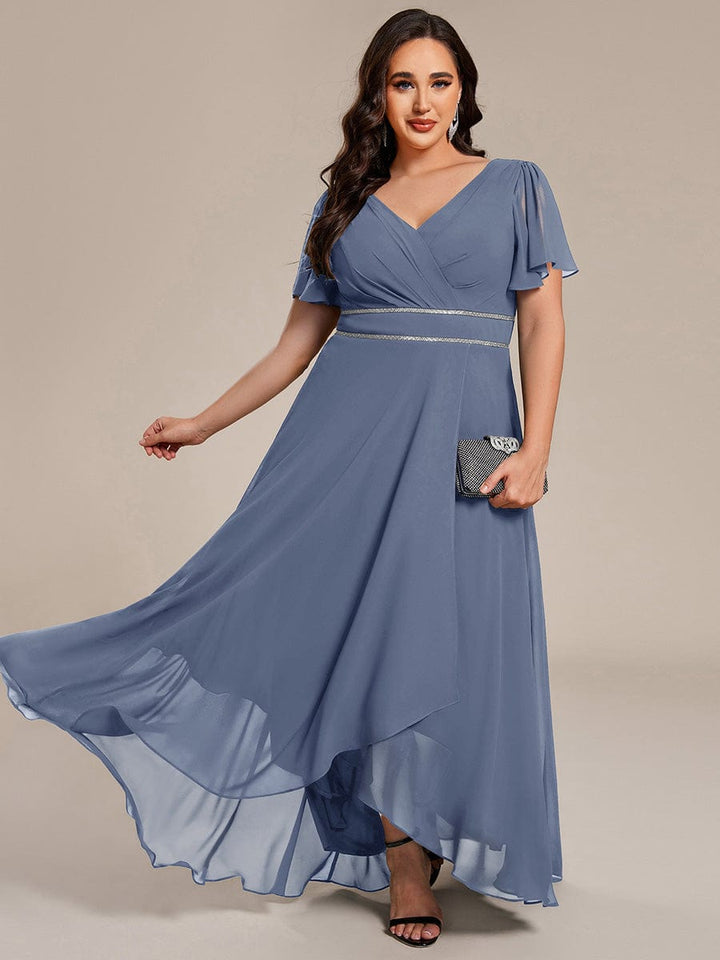 ever DAKOTA|Plus Size Chiffon Ruffle Sleeves Rhinestone Waist High-Low Wedding Guest Dress