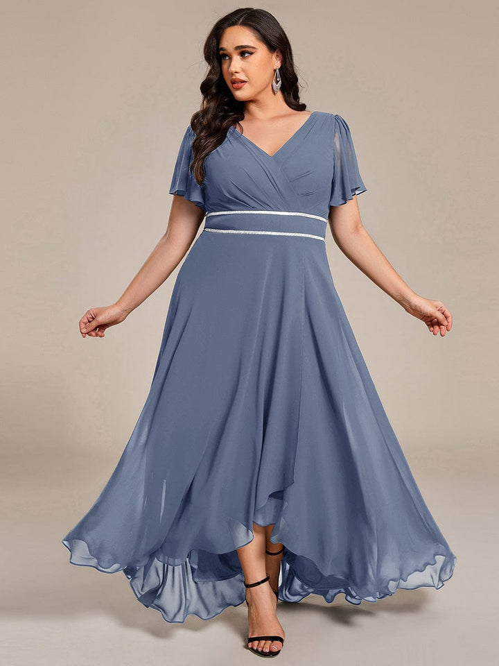 ever DAKOTA|Plus Size Chiffon Ruffle Sleeves Rhinestone Waist High-Low Wedding Guest Dress