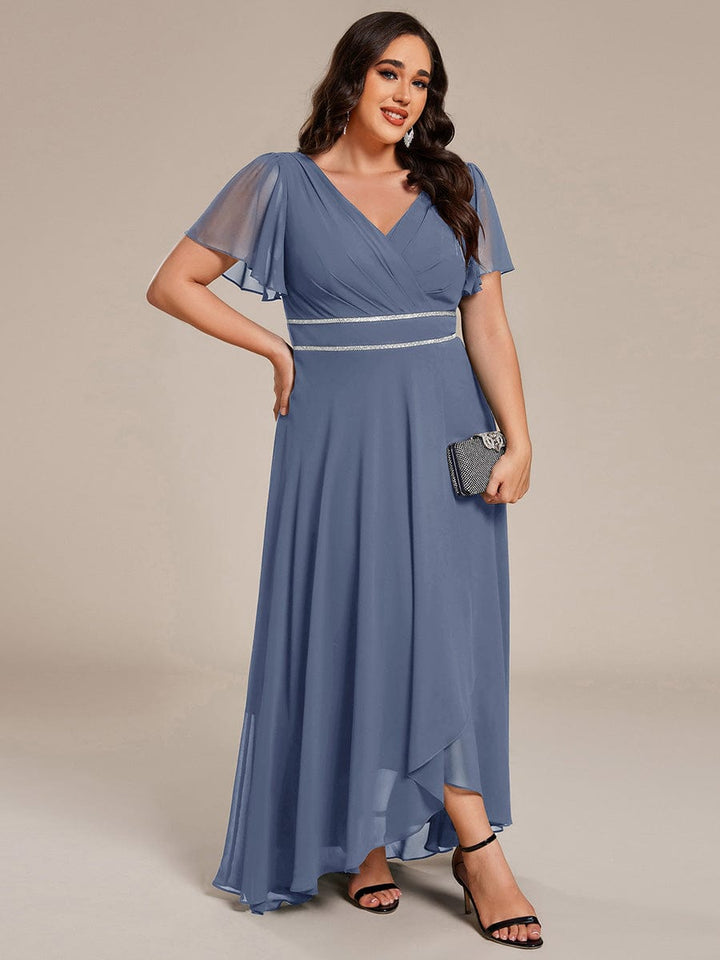 ever DAKOTA|Plus Size Chiffon Ruffle Sleeves Rhinestone Waist High-Low Wedding Guest Dress
