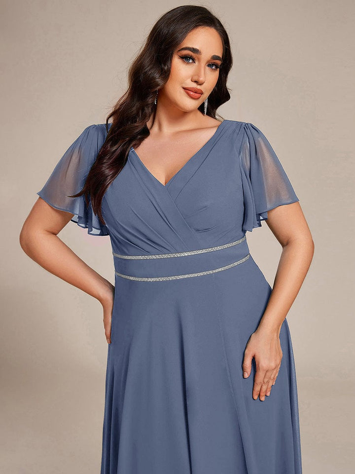 ever DAKOTA|Plus Size Chiffon Ruffle Sleeves Rhinestone Waist High-Low Wedding Guest Dress