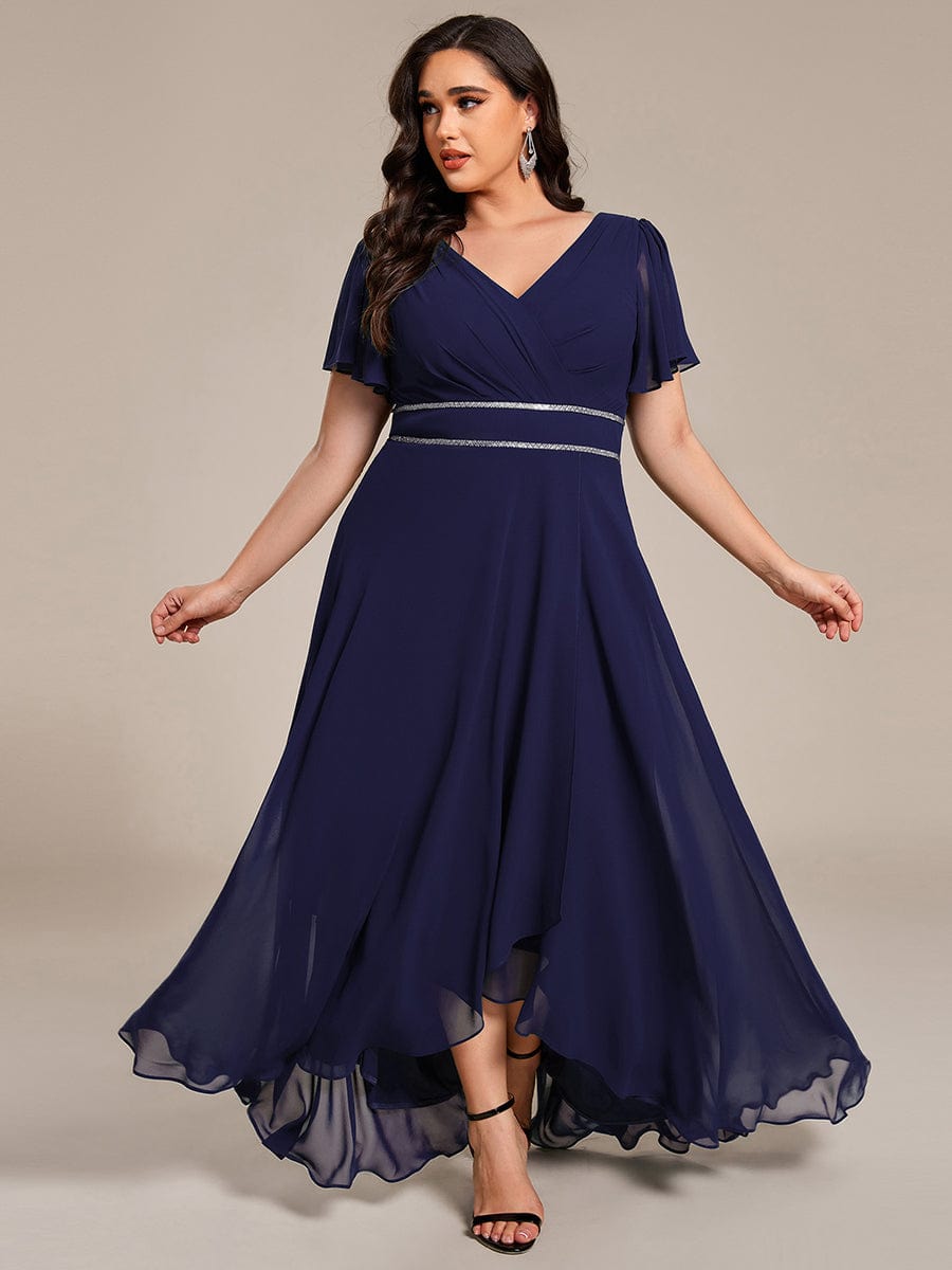 ever DAKOTA|Plus Size Chiffon Ruffle Sleeves Rhinestone Waist High-Low Wedding Guest Dress
