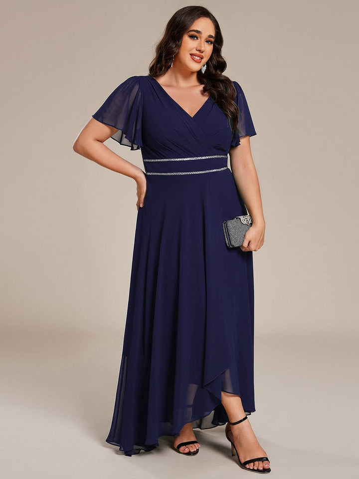 ever DAKOTA|Plus Size Chiffon Ruffle Sleeves Rhinestone Waist High-Low Wedding Guest Dress
