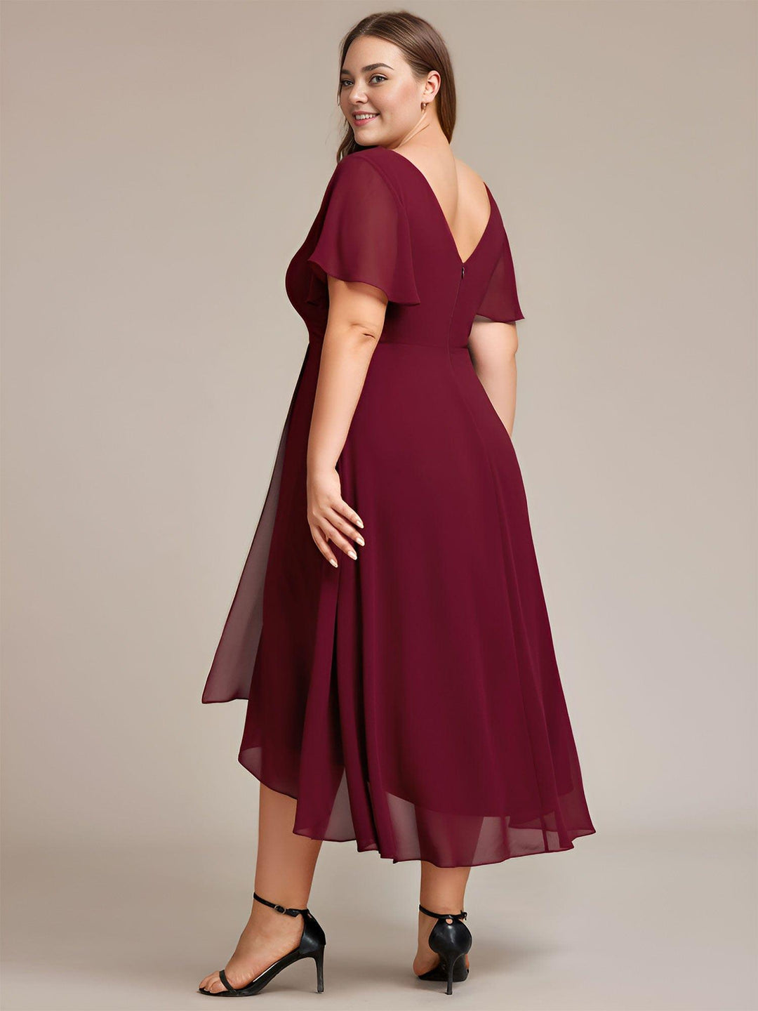pretty AALIA|Plus Size High Low Chiffon Wedding Guest Dress with V-Neck and Ruffle Sleeves