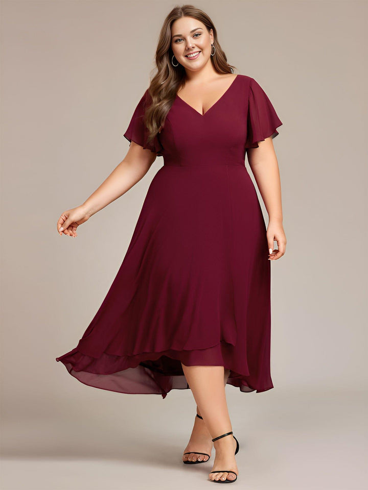 pretty AALIA|Plus Size High Low Chiffon Wedding Guest Dress with V-Neck and Ruffle Sleeves