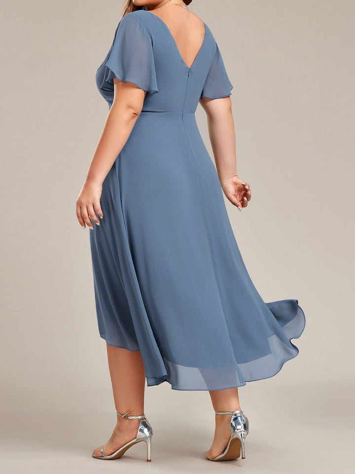 pretty AALIA|Plus Size High Low Chiffon Wedding Guest Dress with V-Neck and Ruffle Sleeves