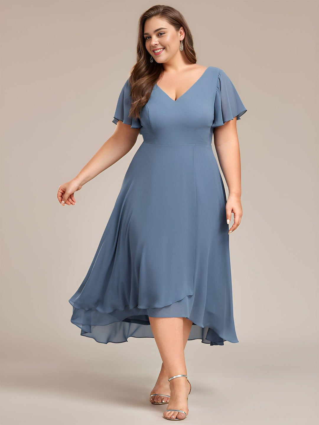 pretty AALIA|Plus Size High Low Chiffon Wedding Guest Dress with V-Neck and Ruffle Sleeves