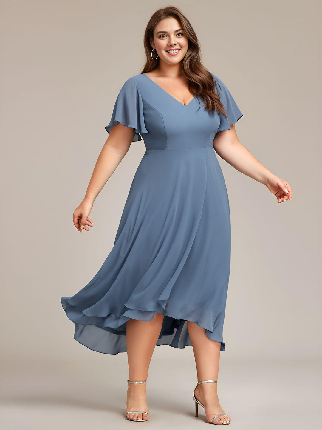 pretty AALIA|Plus Size High Low Chiffon Wedding Guest Dress with V-Neck and Ruffle Sleeves