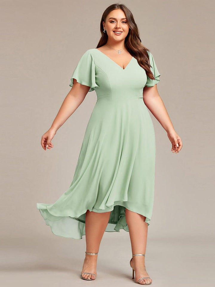 pretty AALIA|Plus Size High Low Chiffon Wedding Guest Dress with V-Neck and Ruffle Sleeves
