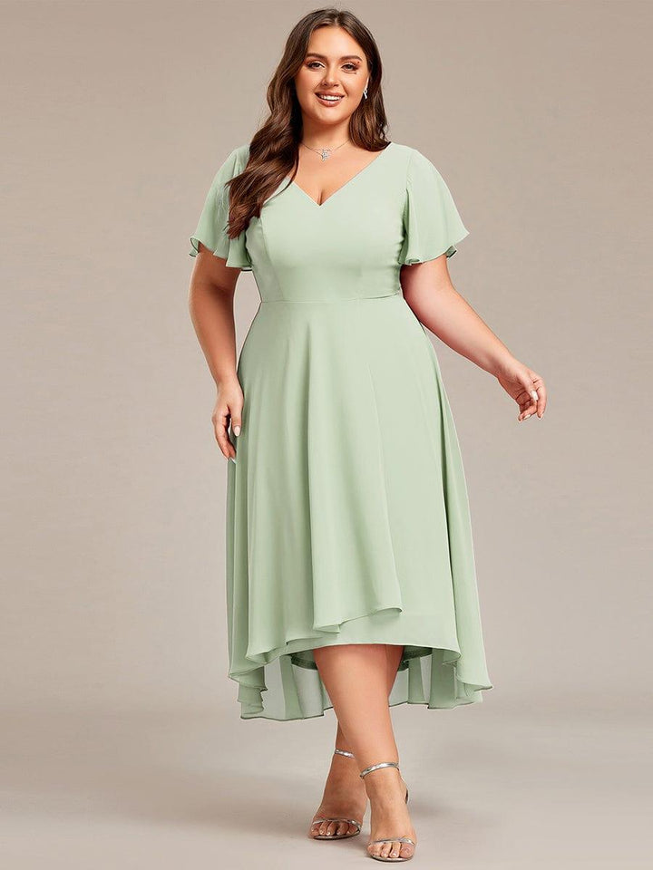 pretty AALIA|Plus Size High Low Chiffon Wedding Guest Dress with V-Neck and Ruffle Sleeves