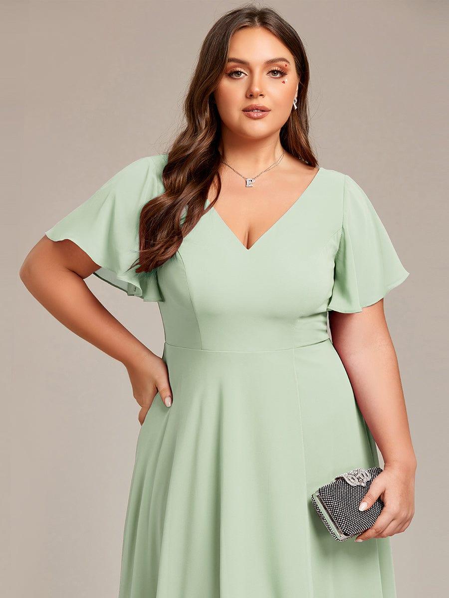 pretty AALIA|Plus Size High Low Chiffon Wedding Guest Dress with V-Neck and Ruffle Sleeves