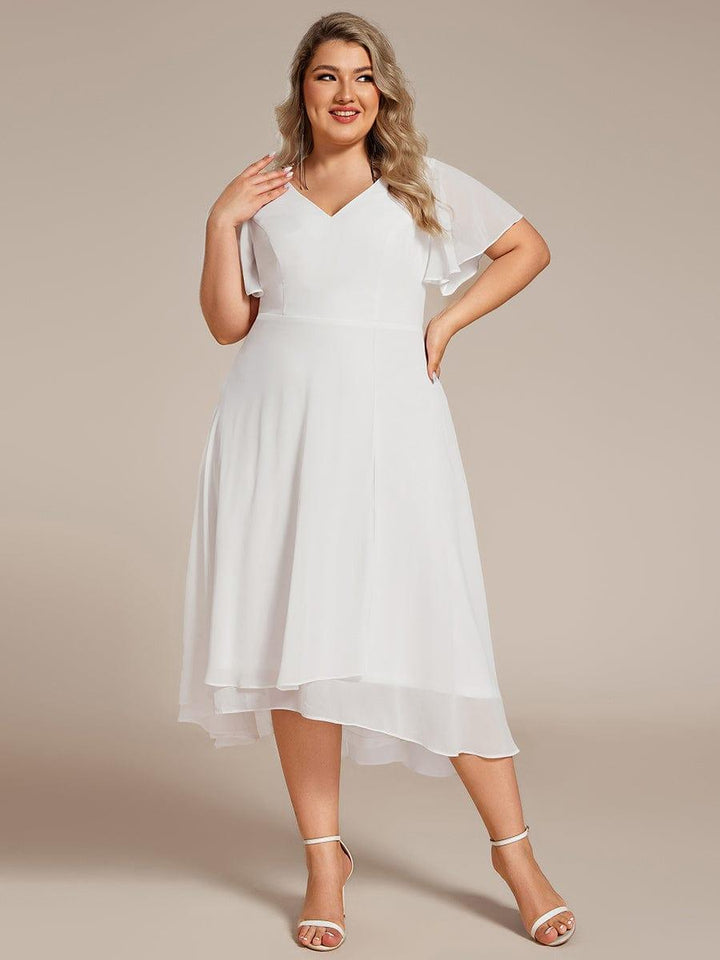 pretty AALIA|Plus Size High Low Chiffon Wedding Guest Dress with V-Neck and Ruffle Sleeves