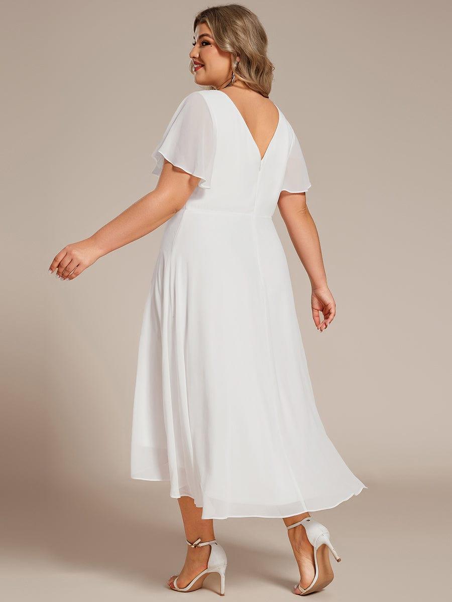 pretty AALIA|Plus Size High Low Chiffon Wedding Guest Dress with V-Neck and Ruffle Sleeves