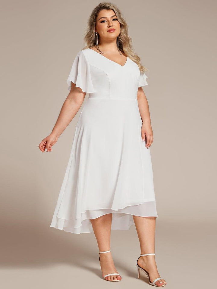pretty AALIA|Plus Size High Low Chiffon Wedding Guest Dress with V-Neck and Ruffle Sleeves