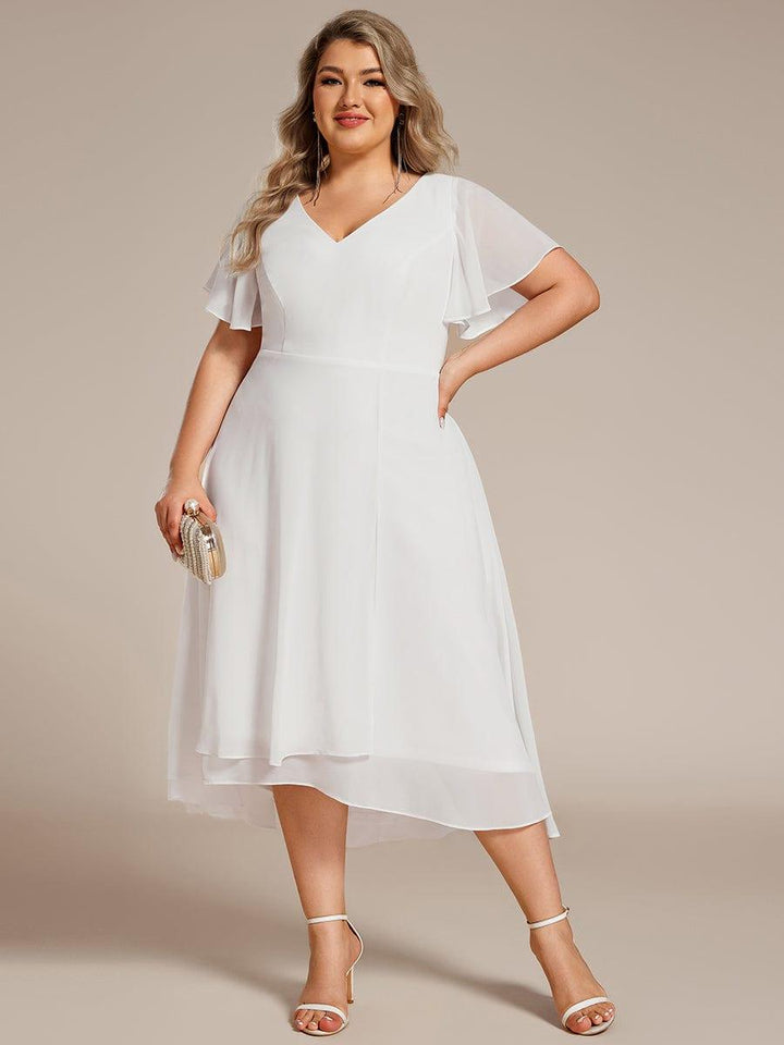 pretty AALIA|Plus Size High Low Chiffon Wedding Guest Dress with V-Neck and Ruffle Sleeves