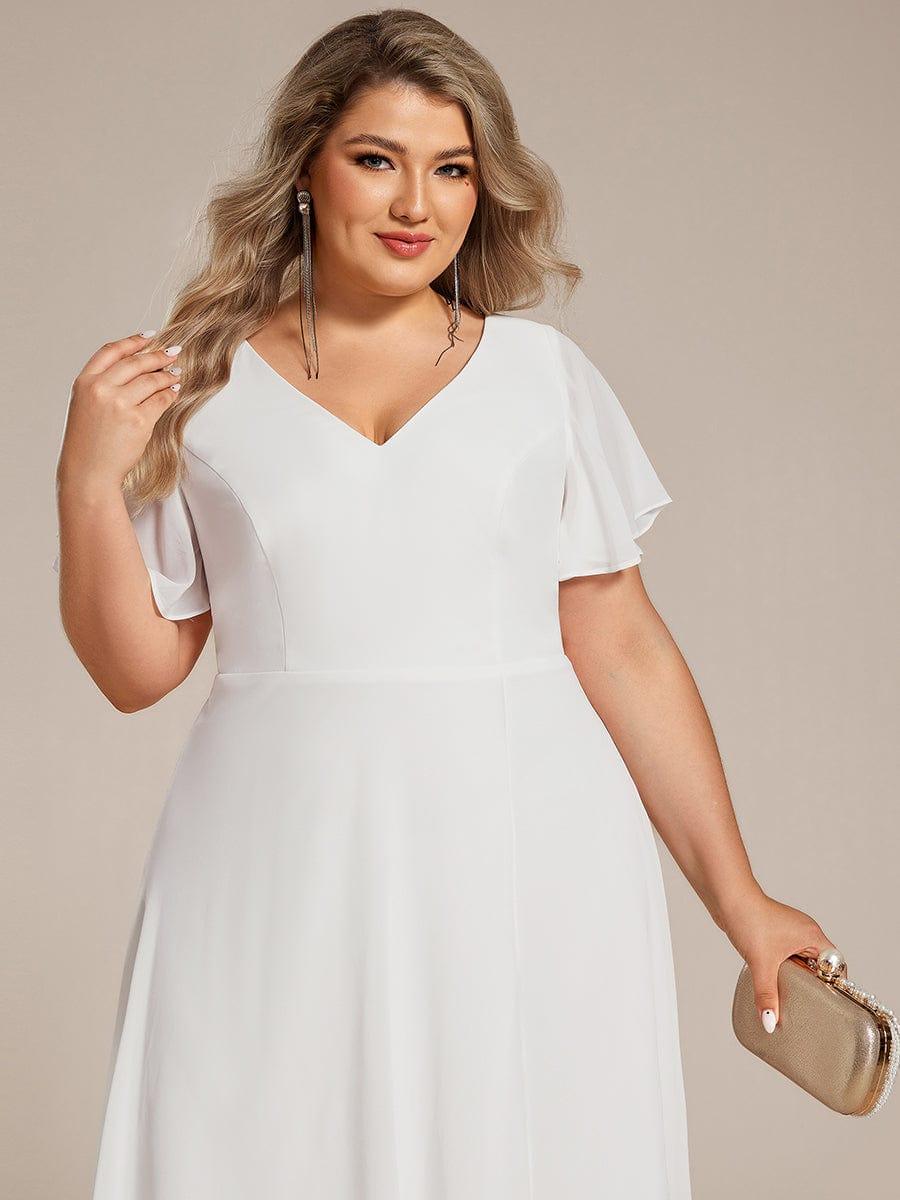 pretty AALIA|Plus Size High Low Chiffon Wedding Guest Dress with V-Neck and Ruffle Sleeves