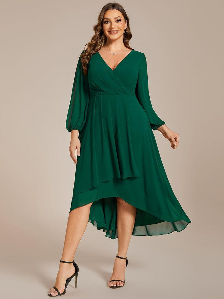 pretty BRIAR|Plus Size 3/4 Sleeve V-Neck Chiffon High Low Wedding Guest Dress