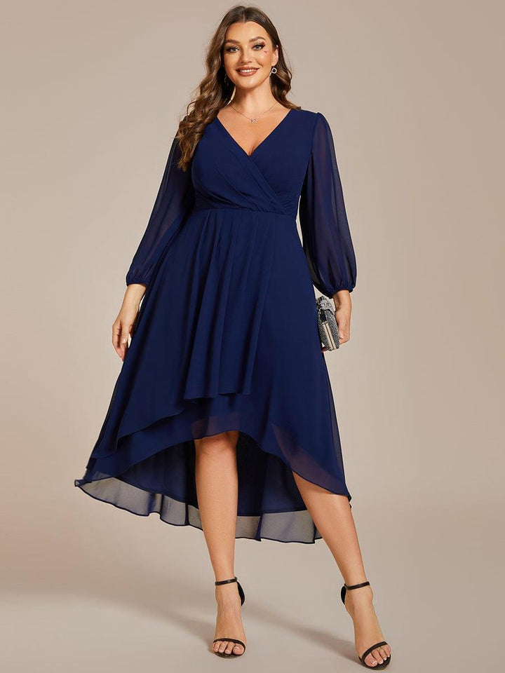 pretty BRIAR|Plus Size 3/4 Sleeve V-Neck Chiffon High Low Wedding Guest Dress