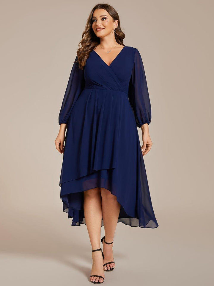 pretty BRIAR|Plus Size 3/4 Sleeve V-Neck Chiffon High Low Wedding Guest Dress