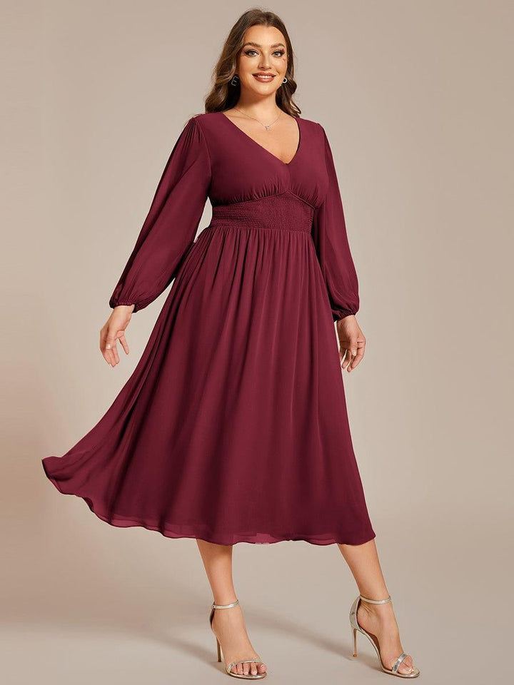 pretty AMARA|Plus Size Elegant V Neck Long Sleeves Midi Wedding Guest Dress(Final Sale)
