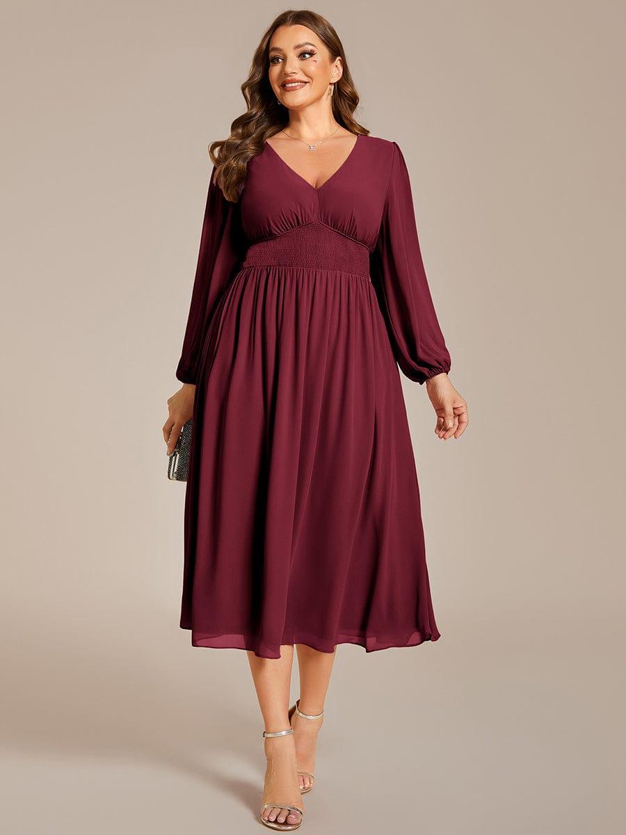 pretty AMARA|Plus Size Elegant V Neck Long Sleeves Midi Wedding Guest Dress(Final Sale)