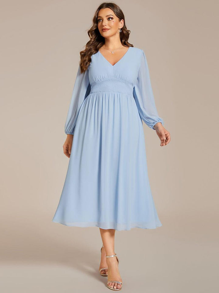pretty AMARA|Plus Size Elegant V Neck Long Sleeves Midi Wedding Guest Dress(Final Sale)