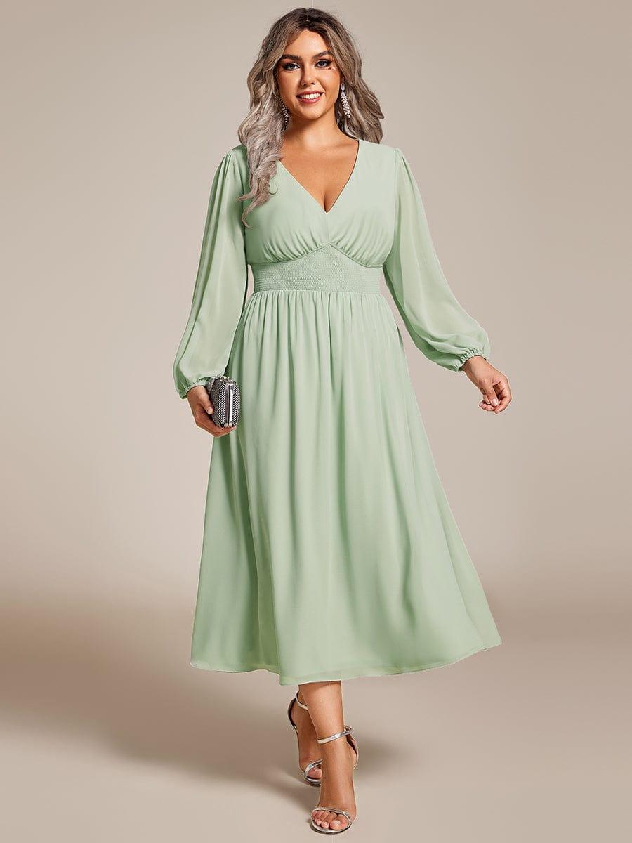 pretty AMARA|Plus Size Elegant V Neck Long Sleeves Midi Wedding Guest Dress(Final Sale)