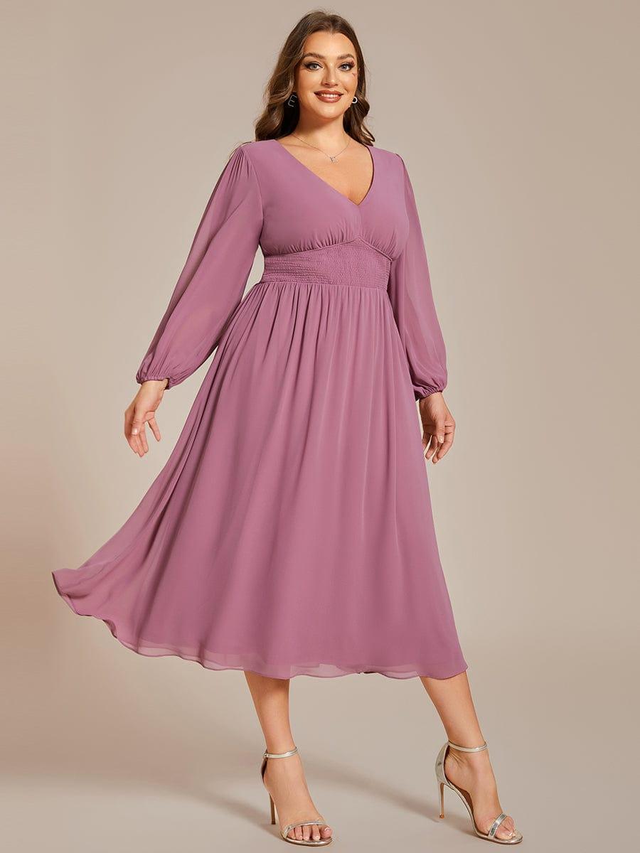 pretty AMARA|Plus Size Elegant V Neck Long Sleeves Midi Wedding Guest Dress(Final Sale)