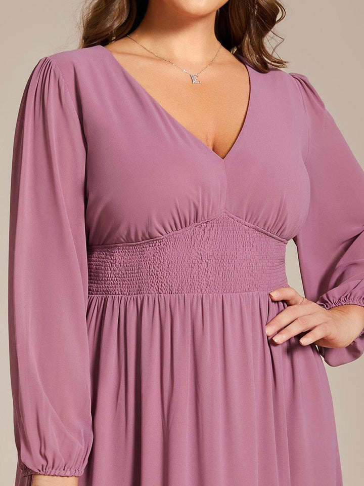 pretty AMARA|Plus Size Elegant V Neck Long Sleeves Midi Wedding Guest Dress(Final Sale)