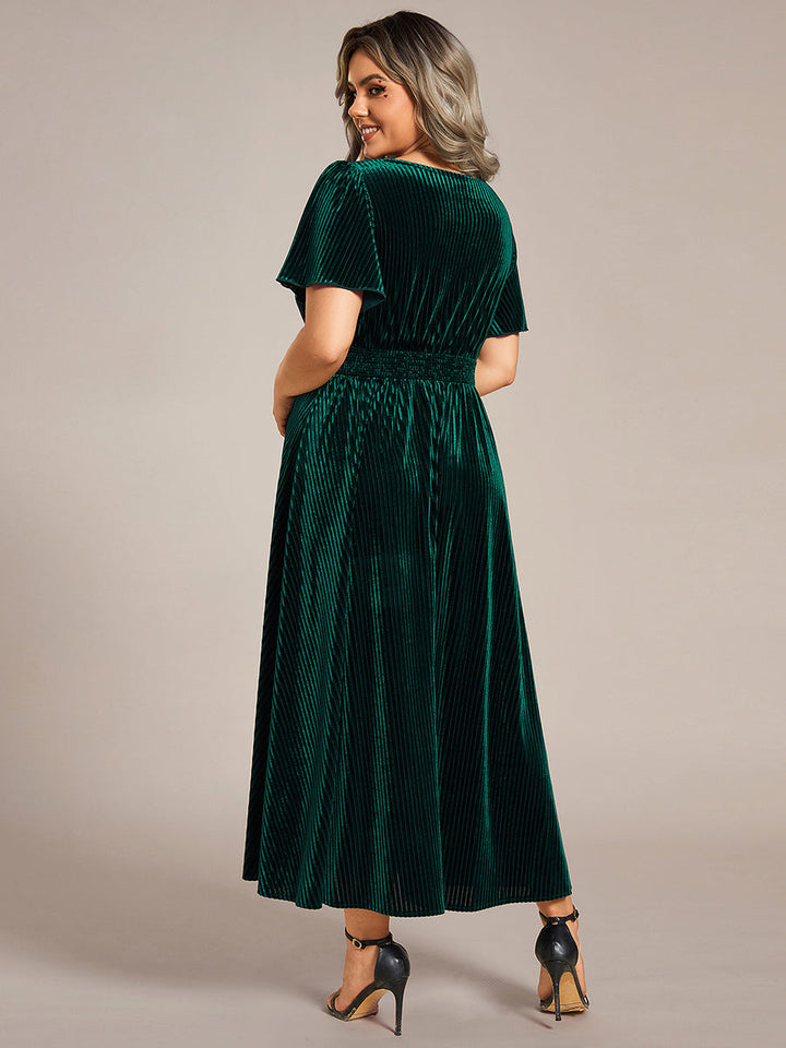 pretty AZALEA|Plus Size A-line V-Neck Short Sleeve Velvet Wedding Guest Dress