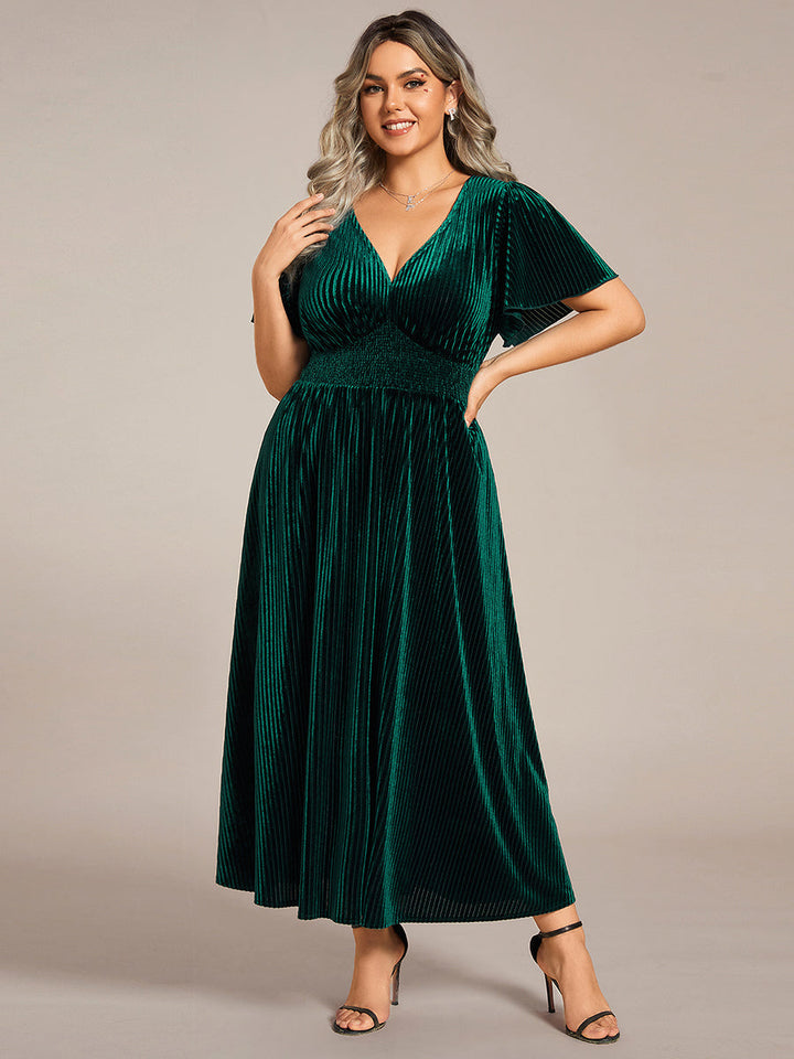 pretty AZALEA|Plus Size A-line V-Neck Short Sleeve Velvet Wedding Guest Dress