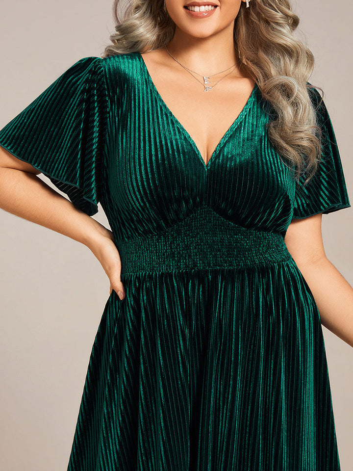 pretty AZALEA|Plus Size A-line V-Neck Short Sleeve Velvet Wedding Guest Dress