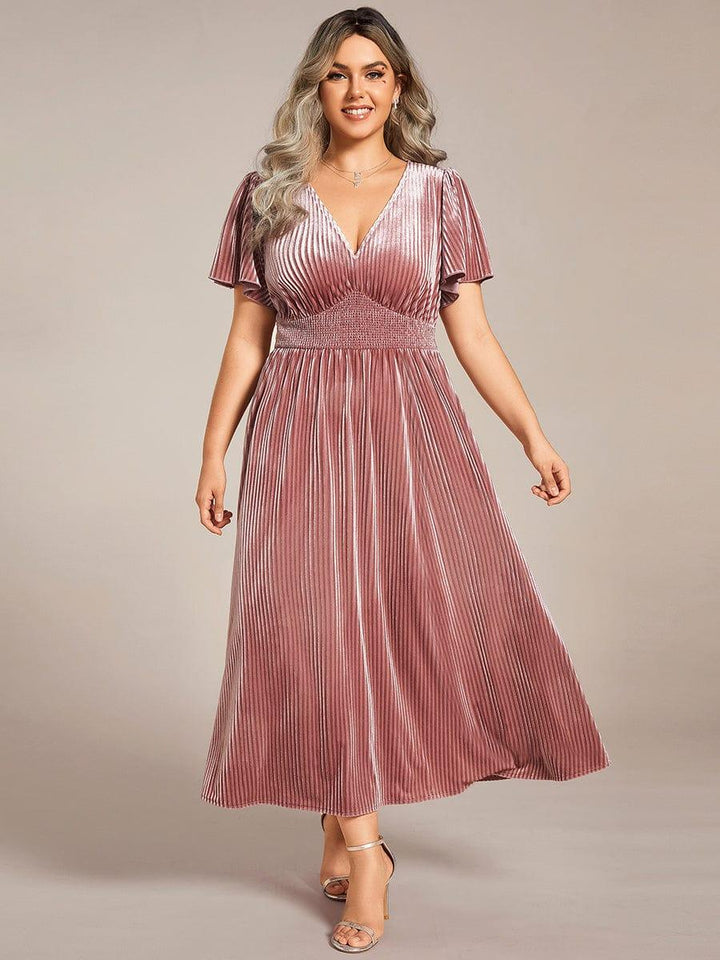 pretty AZALEA|Plus Size A-line V-Neck Short Sleeve Velvet Wedding Guest Dress