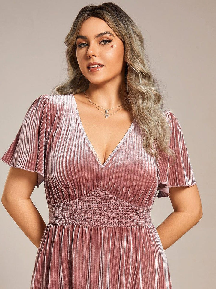 pretty AZALEA|Plus Size A-line V-Neck Short Sleeve Velvet Wedding Guest Dress